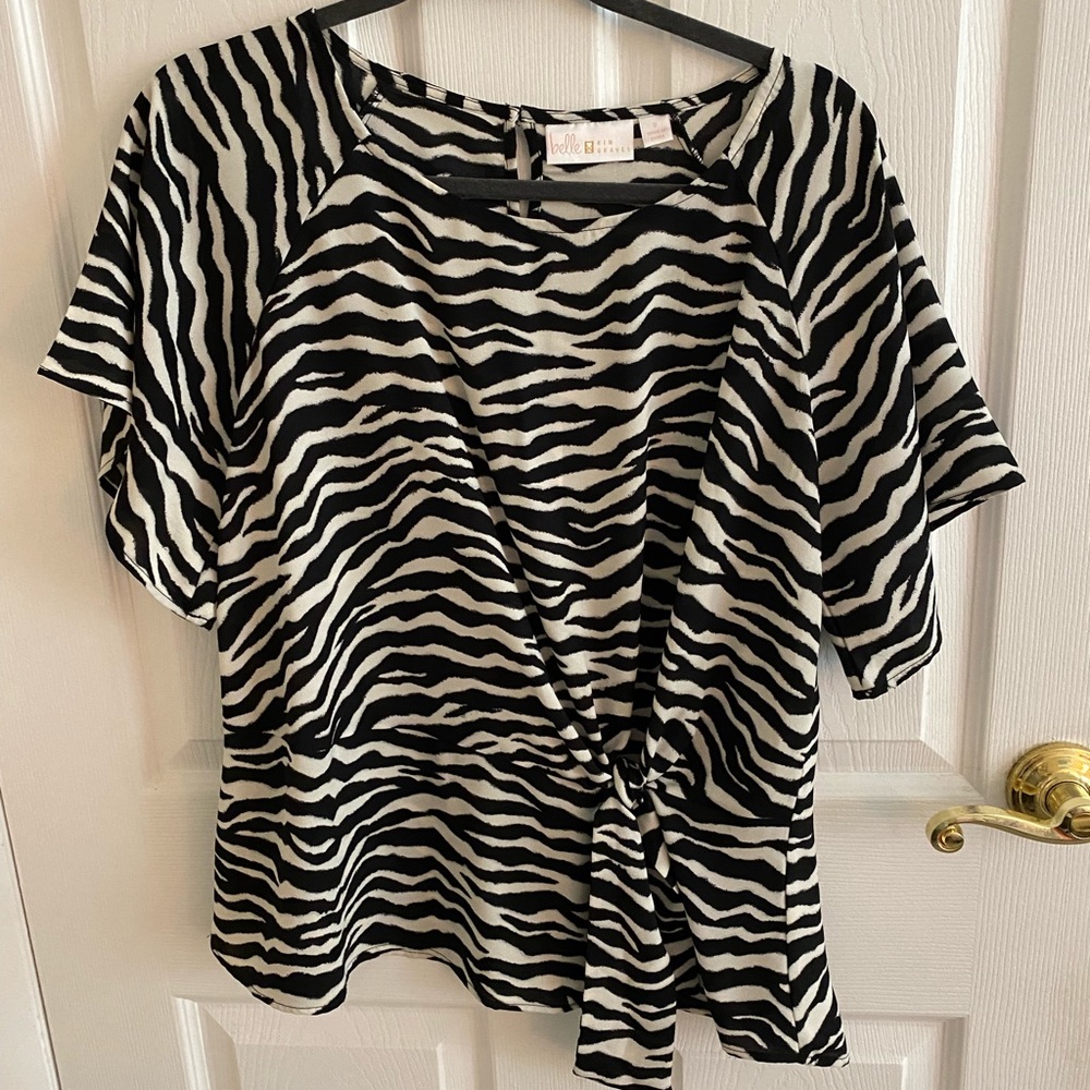Belle by Kim Gravel (QVC).  Zebra stripe blouse with tie @ side.